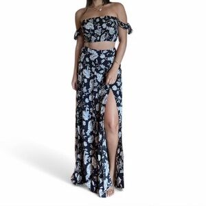 Navy and white floral print maxi two-piece set